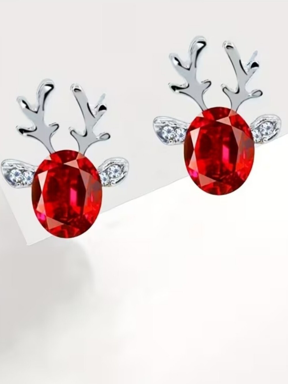 Red Reindeer Antlers Stud Silver Tone Earrings